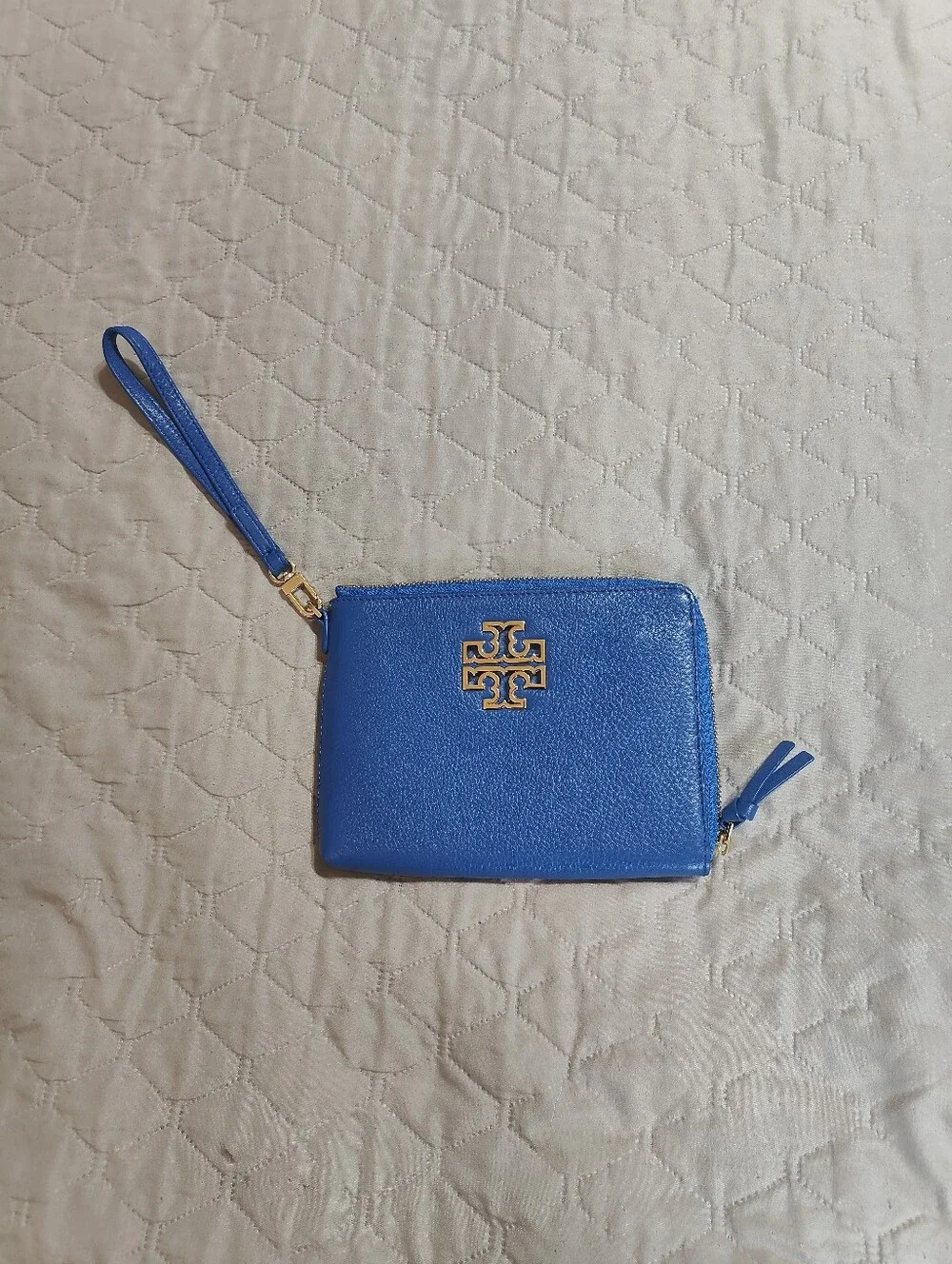Tory Burch Blue Pebble Leather L-Zip Wristlet Wallet